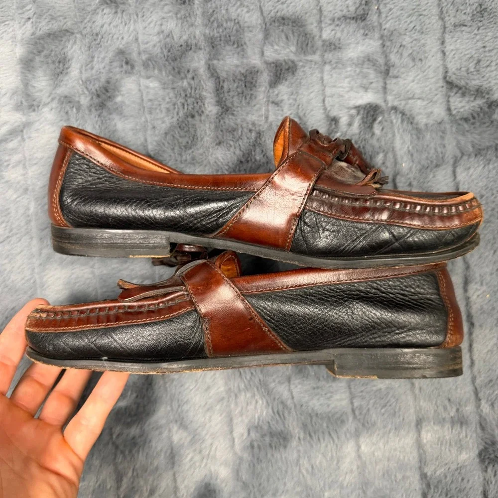 Johnston & Murphy Loafers Mens 9.5 W Black Brown Tassel Kiltie Two Tone Italy